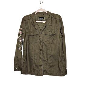 Rue21 Olive Green Embroidered Military Jacket Size L‎ "We Run The World" Womens